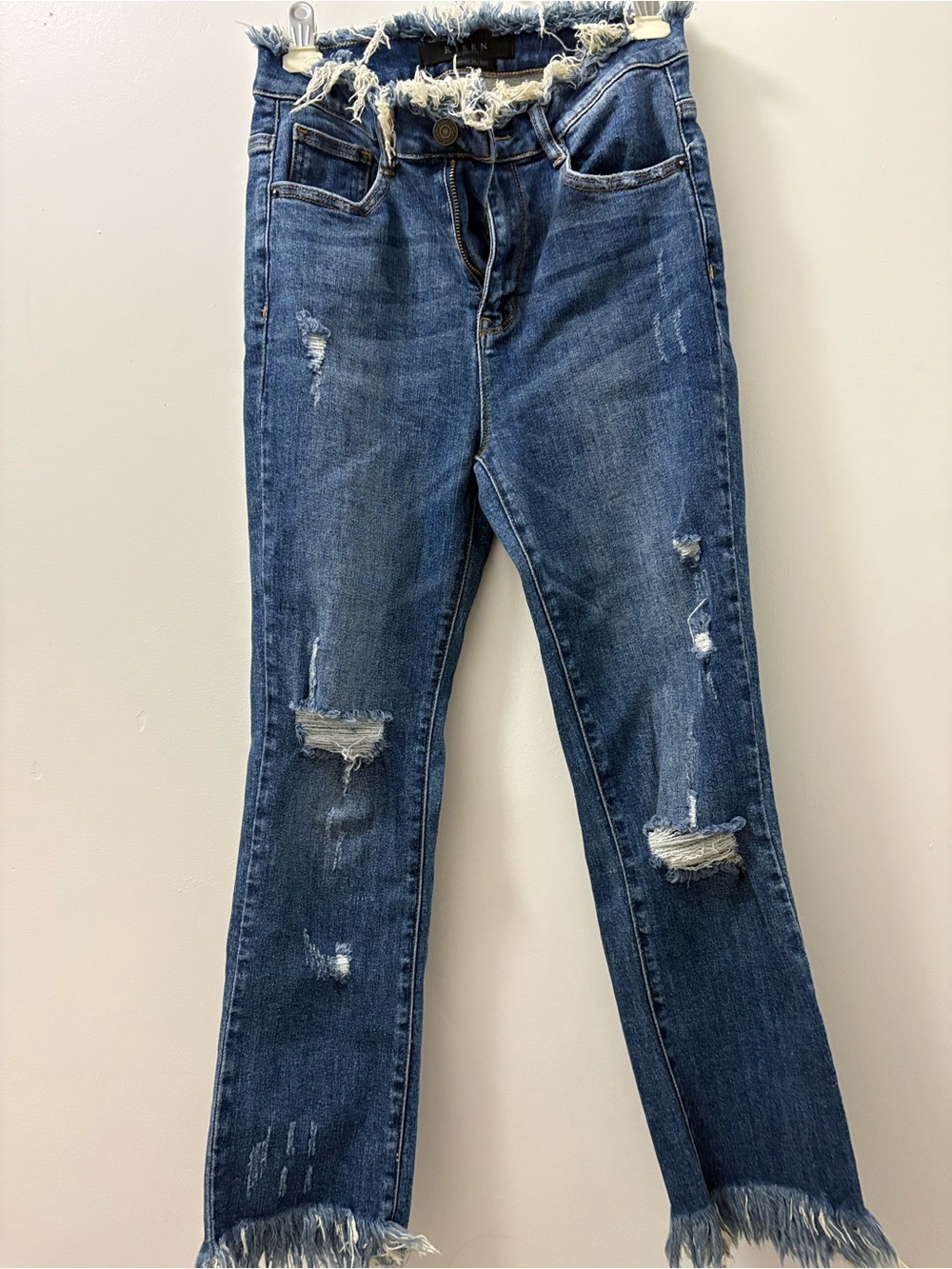 Frayed-Hem Distressed Blue Women's Jeans